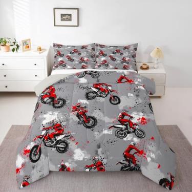 Imagem de Feelyou Conjunto de cama macio para meninos e meninas, tamanho solteiro, corrida, motocross, motociclista, edredom de microfibra, 2 peças com 1 fronha