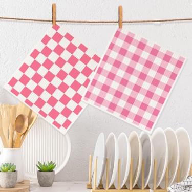 Imagem de 2 peças de panos de prato suecos xadrez rosa fofos, panos de prato suecos rosa para cozinha doméstica, panos de esponja de celulose super absorventes toalhas de limpeza, toalhas de papel reutilizáveis