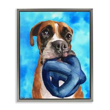Imagem de Stupell Industries Arte de parede em tela flutuante emoldurada cinza azul boxer e seu brinquedo, design de George Dyachenko, 53 x 43 cm