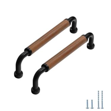 Imagem de Evionlin Cilindro preto 2 peças puxador de armário de nogueira de 14 cm retrô puxadores de porta de madeira maciça, usado para gavetas de armário de cozinha