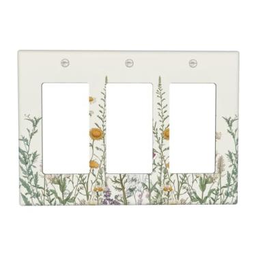 Imagem de JDAKHD Capas de tomada decorativas arte floral vintage com margaridas, lavanda e cardo, placa de parede de balancim de 3 gangues botânica, flores silvestres, dispositivo triplo, receptáculo de luz