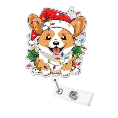 Imagem de Carretel de crachá de Corgi com luzes coloridas de Natal com clipe de jacaré retrátil para enfermeira de enfermagem, suporte de crachá de Natal para RN CNA LPN Trabalhador Médico Professor Estudante |