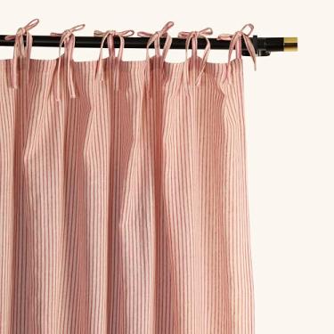 Imagem de Cortinas listradas de gaze, boho linho gaze tie top cortinas penduradas filtragem de luz porta janela tratamento 2 painéis cortinas para sala de estar decoração de casa rosa em bege (244 x 106 cm cada