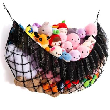Imagem de Rede de armazenamento de brinquedos para animais de pelúcia, organizador de corda de algodão preto de 152 cm com borlas douradas, vem com ganchos para fácil configuração
