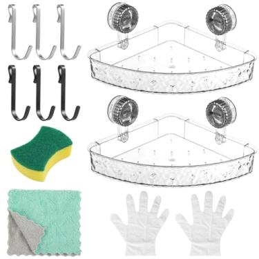 Imagem de Suporte de armazenamento de ventosa transparente ajustável, 2 peças, sem necessidade de furadeira para cozinha ou banheiro com ganchos, luvas, esponja