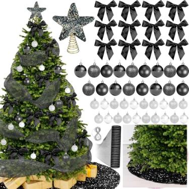 Imagem de Cinrobiye Conjunto de decoração de árvore de Natal, incluindo 48 bolas de enfeites de Natal, 12 laços, topo de árvore, saia de árvore, fita de malha para árvores de Natal, guirlanda de festa de Natal