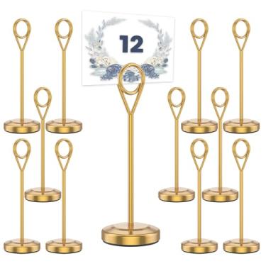 Imagem de 12 suportes para números de mesa, porta-nomes de mesa de 1,6/10.2 cm, porta-cartões dourados com foto de nome, suporte de cartão curto para menu de fotos, memorando para festa de casamento, recepção