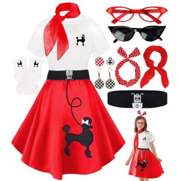 Imagem de 10 peças de roupas para meninas, roupas dos anos 50 para crianças, saias poodle, camiseta com acessórios dos anos 1950, meias, cachecol, faixa de cabeça, cinto, brinco, festa de Halloween, vestido de