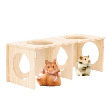 Imagem de Grande túnel de madeira para hamster com vários furos – tubo escondido natural, montagem DIY, playground para anões, hamsters sírios e gerbos (25 cm x 9 cm x 9 cm)