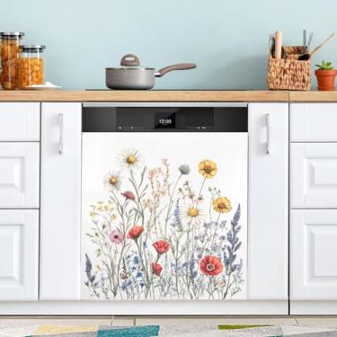 Imagem de ATTX Capa de ímã de lava-louças Wildflowers, 58 cm C x 66 cm A decoração da capa frontal da máquina de lavar louça, decalques de armário doméstico adesivos de eletrodomésticos #133