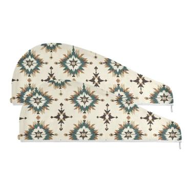 Imagem de SEHANY Toalha de cabelo de microfibra boêmia marrom vintage para mulheres, 2 peças, turbantes de cabelo de secagem rápida com botão, touca de cabelo seco absorvente toalha de secagem de cabelo para