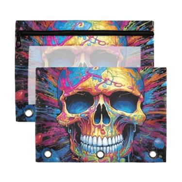 Imagem de ATTX Bolsa de lápis de caveira colorida para fichário de 3 anéis – Estojo transparente de grande capacidade com zíper liso, organizador de material de escritório resistente #360