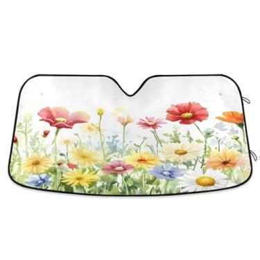 Imagem de ATTX Pára-brisas de carro colorido flores silvestres 139.7 cm x 70.1 cm Protetor solar universal com proteção UV, persiana de janela frontal automática dobrável para caminhões Sedans SUVs #584