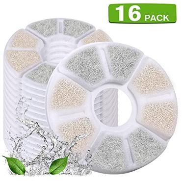 Imagem de Filtros de reposição para bebedouro gatos 16 unidades automático animais estimação redondo 84oz 2 5L filtragem 3 com carvão ativado casca coco resina troca iônica e algodão manter a água fresca limpa