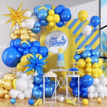 Imagem de Kit de arco de balão azul real e amarelo - 129 peças guirlanda de látex branco escuro e dourado metálico com estrela de folha 4D para chá de bebê, aniversário, decorações de festa de casamento