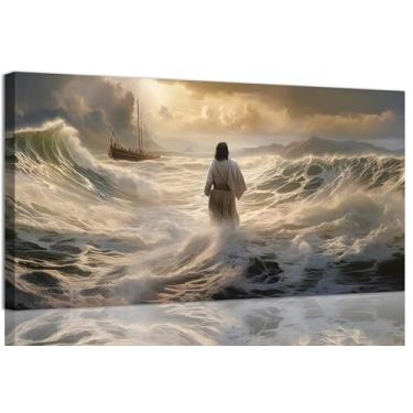 Imagem de 3 peças Jesus andando sobre a água tela arte de parede histórias bíblicas cristãs pintura imagem decoração de parede espírito religioso fé pôster arte para sala de estar quarto igreja 81 x 40 cm
