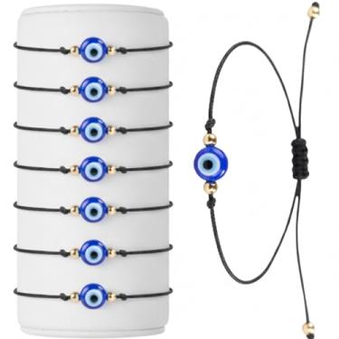 Imagem de BCS Pulseiras olho turco ajustável cordão preto amuleto para mulheres homens autêntico contas de vidro turco feito à mão pingente de proteção boa sorte tamanho único - azul marinho (8 peças)