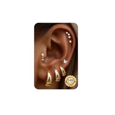 Imagem de ADRAMATA Brincos de ouro hipoalergênicos empilhados para mulheres - 7 pares de argolas pequenas e grossas de aço cirúrgico, conjunto de brincos de cartilagem de prata, joias modernas de Natal, Aço