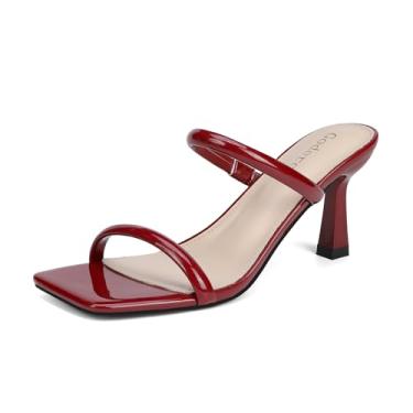 Imagem de Goderci Salto gatinho feminino com duas tiras mules meio quadrado aberto sandália de salto sem cadarço, Borgonha, 35