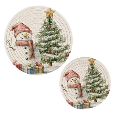 Imagem de Wassud Conjunto de tripé de boneco de neve de pintura em aquarela para pratos quentes, suportes redondos de algodão, almofadas quentes, porta-copos elegantes, decoração de cozinha e acessórios, 2