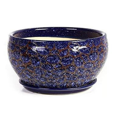 Imagem de FAFACAI Vaso de flor de grão de pedra azul de cerâmica extragrande vasos de plantas verdes de cerâmica vitrificada recipiente de flores de cacto com bandeja (azul, verde 23 cm)