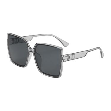 Imagem de HARFINGTON Óculos de sol para mulheres e homens, armação grande de policarbonato em forma de D, óculos de sol modernos com proteção solar para dirigir, fazer compras e tirar fotos, cinza transparente