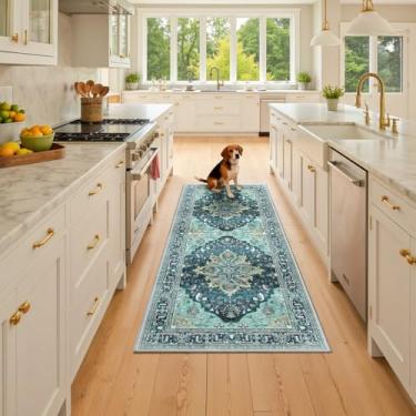 Imagem de RELEANY Tapetes de área adequados a vácuo, 6 x 15 cm, lavável na máquina, antiderrapante, estampa floral, vintage, estampa de angústia, tapete medalhão para sala de estar, quarto, tijolo, verde, lago