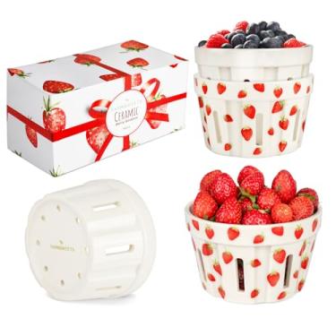 Imagem de Farmsweets Cesta de frutas silvestres de cerâmica, escorredor com furos para lavar frutas, decorações de morango, presentes para primeiro aniversário, tigela de fruta/cestas em embalagem de presente