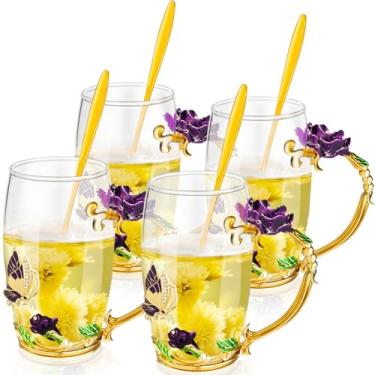 Imagem de Tioncy 4 conjuntos de presentes para mulheres mãe dia das mães esmaltes borboleta flor xícara de chá de vidro rosa chique xícaras de chá flor caneca de café com colher conjunto de presente de