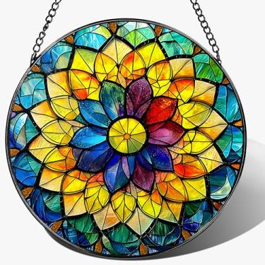 Imagem de LAOWEIKI Ornamento apanhador de sol mandala arco-íris de 20 cm, pendurado em vitrais, apanhadores de sol para pendurar em janelas, decoração de janela, presente ideal | Presentes espirituais coloridos