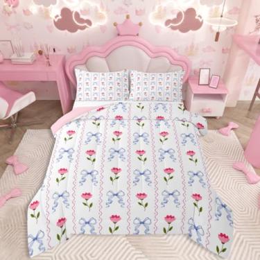Imagem de jejeloiu Conjunto de edredom com laço infantil, solteiro, rosa, colorido, com laço, edredom para quarto de crianças, meninos, meninas, decoração de flor rosa, microfibra ultramacia e respirável