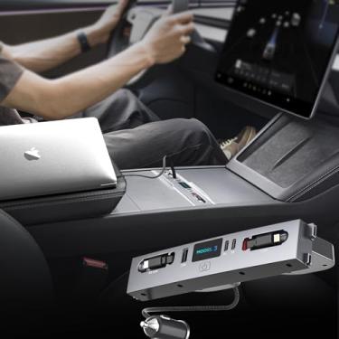 Imagem de Mowlicas Hub USB para novo Tesla Model 3 (Highland) 2025/2024, carregador rápido máximo de 127 W, cabo retrátil e estação de ancoragem de 3 portas para laptop, iPhone 16/15 e mais