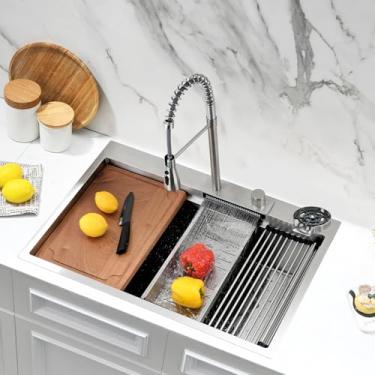 Imagem de Pia de cozinha suspensa de 83 x 55 cm com combo Fuacet, Jshozzy 83 x 55 cm, cachoeira, pia de cozinha, estação de trabalho com arruela de copos, calibre 16, aço inoxidável, moderna, montagem superior