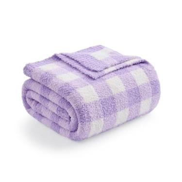 Imagem de Snuggle Sac Cobertor xadrez para sofá, cobertores macios e aconchegantes de malha netural decorativos, mantas reversíveis de microfibra xadrez búfalo para sofá-cama, roxo, 127 x 152 cm