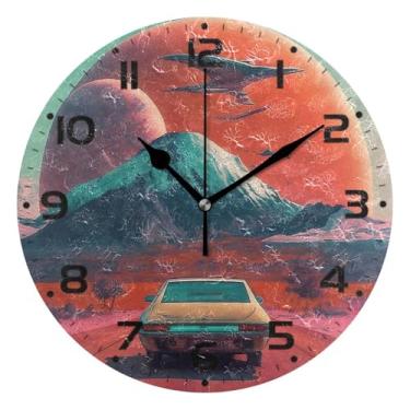 Imagem de JUZIHAI Relógio de parede retrô futurismo de viagem, silencioso, redondo, sem tique-taque, operado por bateria, fácil de ler, relógio decorativo de parede para casa, cozinha, sala de estar, quarto