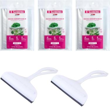 Imagem de Conjunto de 2 Rodo Plástico Multiuso Branco com Raspador 18cm + 3 Saco Abre e Fecha Hermético de 1 Litro