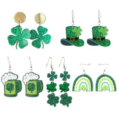 Imagem de 5 pares de brincos femininos de Dia de São Patrício Trevo Verde Trevo Cerveja Arco-íris, acessórios para o Dia de São Patrício, roupas e camisas, brincos irlandeses de quatro folhas, presente de joias