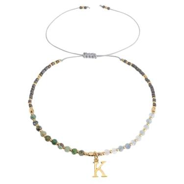 Imagem de Frigotine Pulseiras com inicial de pedra natural com contas douradas para mulheres e adolescentes, boêmio feito à mão cinza preto personalizado contas de pedra turquesa nome da letra pulseira