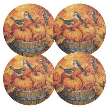 Imagem de Abóboras, pássaros, tapetes de mesa barril, 4 jogos americanos de mesa de PVC, 38 cm, jogos americanos resistentes ao calor para festa de Natal