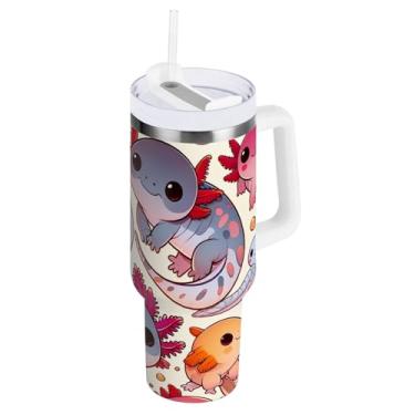 Imagem de Copo grande isolado de outono com tampa e canudo, copo à prova de vazamento com desenho Axolotl