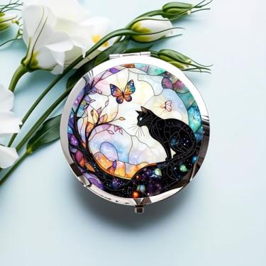 Imagem de Espelho de maquiagem dobrável para gatos – Espelho redondo portátil de 7 x 7 cm, perfeito para uso diário e presentes