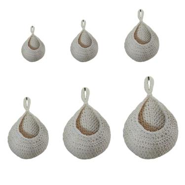 Imagem de Pacote com 6 cestos pendurados em corda de algodão natural, montados à mão, pendurar na parede, frutas, vegetais, vasos de plantas, sala de estar, cozinha, decoração boho, sacos de armazenamento (6