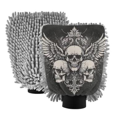 Imagem de ODAWA 2PK Luva de lavagem de carro de chenille sem riscos macia, caveiras e asas pretas, M 19 x 26 cm
