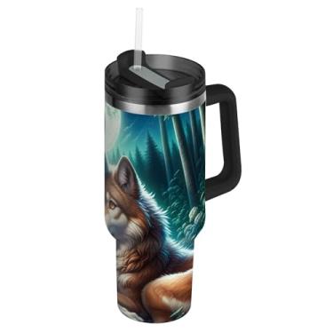 Imagem de Joisal Copos Wolf Mate com tampa e canudos Copo moderno de 850 g com alça garrafa de água isolada de aço inoxidável carros caneca de café bebida quente