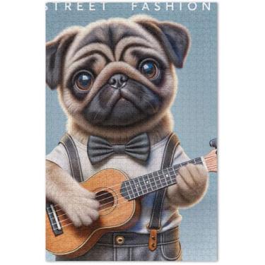 Imagem de Quebra-cabeça cachorrinho ukulele cachorro Pug 500 peças para adultos flor pintura animal quebra-cabeças coloridos família amantes presentes, 51 x 35 centímetros
