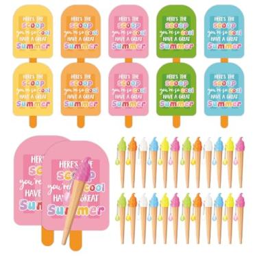 Imagem de JarThenaAMCS Conjunto de 24 lembrancinhas de festa de fim de ano, conjunto de presente de papelaria, lindas canetas esferográficas de sorvete com cartões para o verão, volta às aulas, escritório, sala