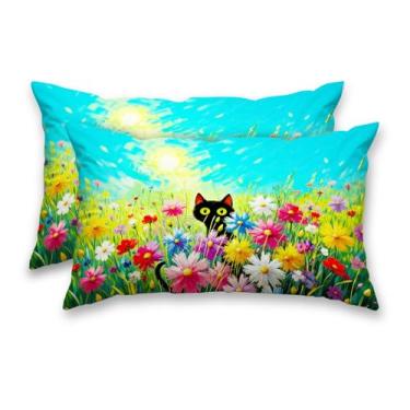 Imagem de HOMETITUTE Capas decorativas de primavera pacote com 2 fronhas de cetim 30 x 50 cm arte artística de gato preto para sofá sofá sala de estar fazenda decorações de férias