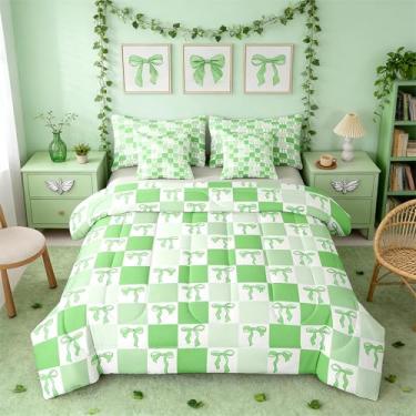 Imagem de Erosebridal Jogo de cama feminino Coquette com laço, 7 peças, solteiro, princesa, xadrez, com laço de fita, kawaii, geométrico, branco, verde claro, para crianças, meninas e mulheres