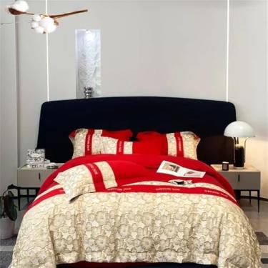 Imagem de Jogo de cama de algodão bordado com capa de edredom, lençóis e fronhas, têxteis para o lar, vermelho, tamanho queen (4 peças).