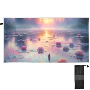 Imagem de TSENQUE Toalhas grandes com estampas de animais para adultos Scenic Lotus Water Lily Print Toalha de praia sem areia Toalhas de praia finas secagem rápida praia piscina ioga acampamento viagem 180 x